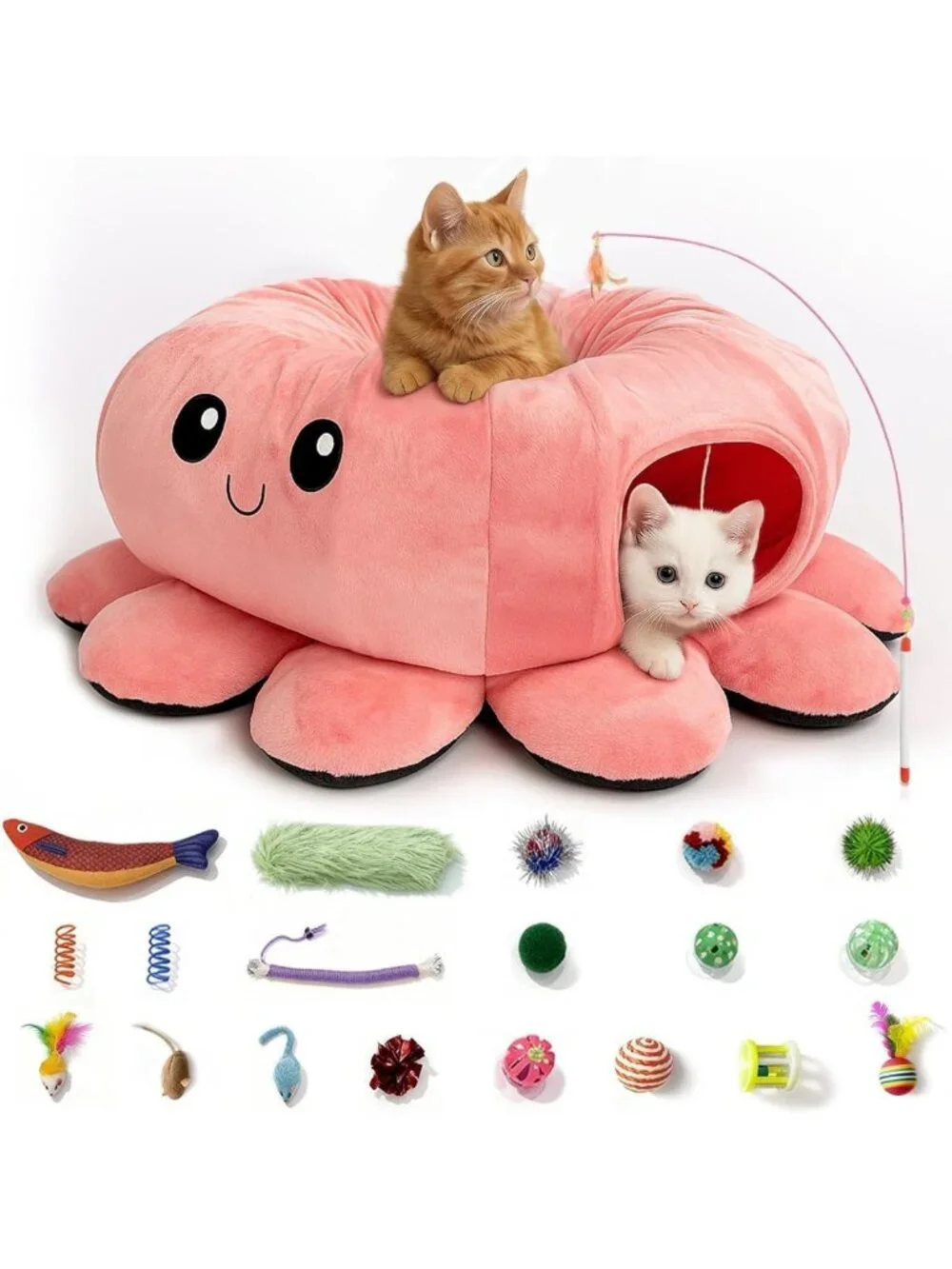 Cozy Cat Tunnel Bed with 20 Fun Toys for Indoor Kittens - Pink Playtime Set